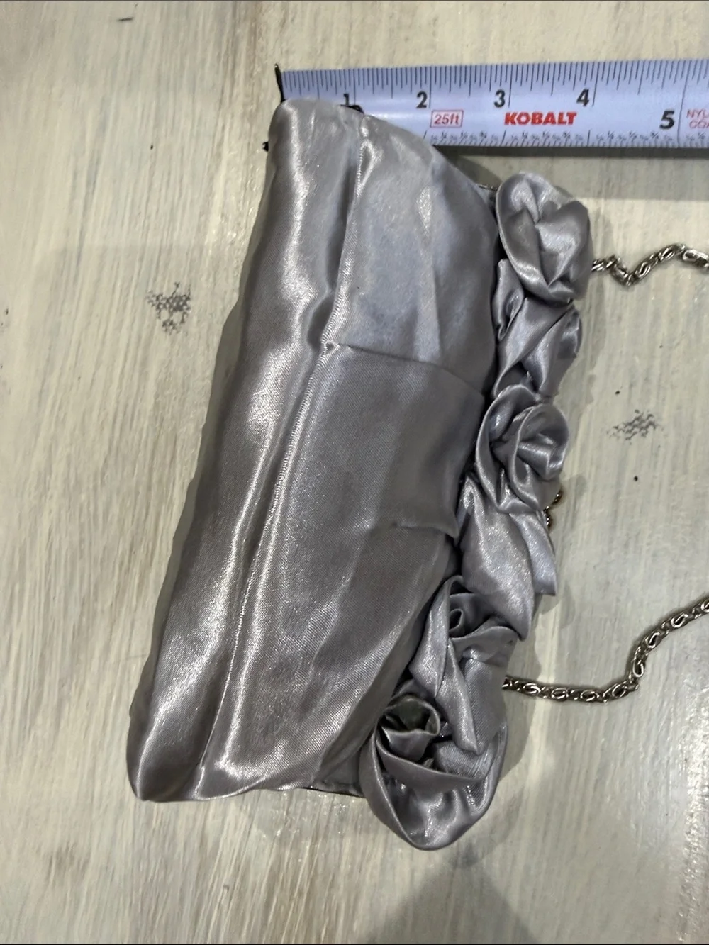 Source Unknown Silver Satin Rosette Clutch